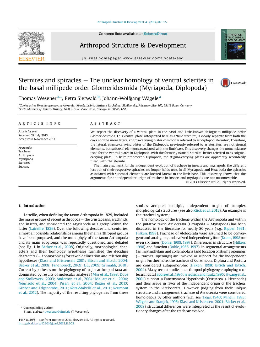 Sternites and spiracles – The unclear homology of ventral sclerites in the basal millipede order Glomeridesmida (Myriapoda, Diplopoda)