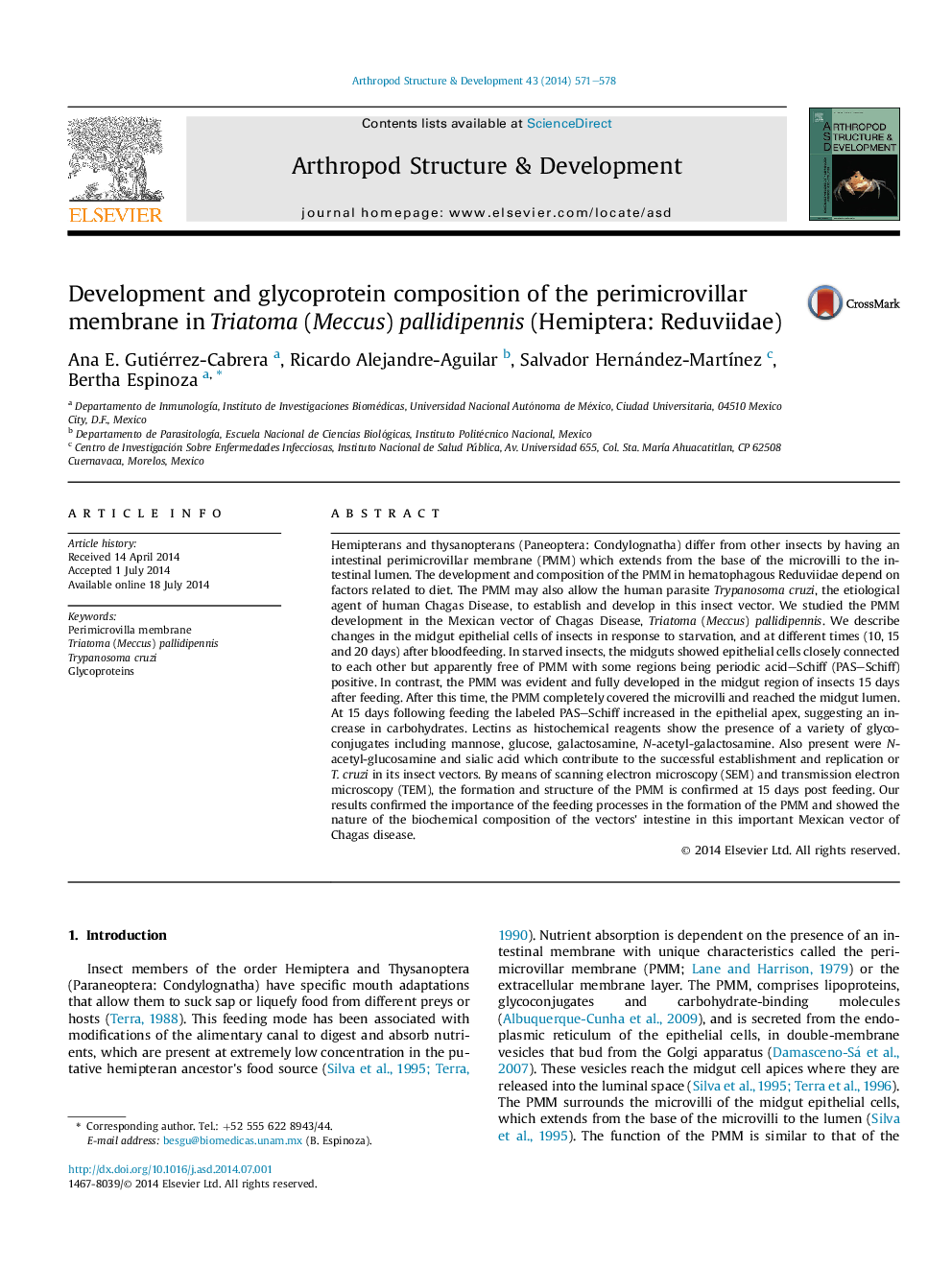 Development and glycoprotein composition of the perimicrovillar membrane in Triatoma (Meccus) pallidipennis (Hemiptera: Reduviidae)