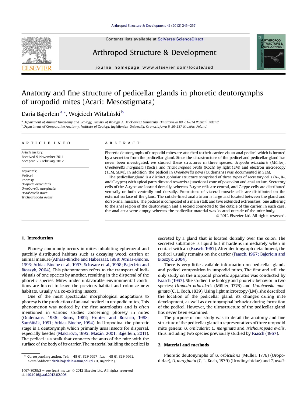 Anatomy and fine structure of pedicellar glands in phoretic deutonymphs of uropodid mites (Acari: Mesostigmata)