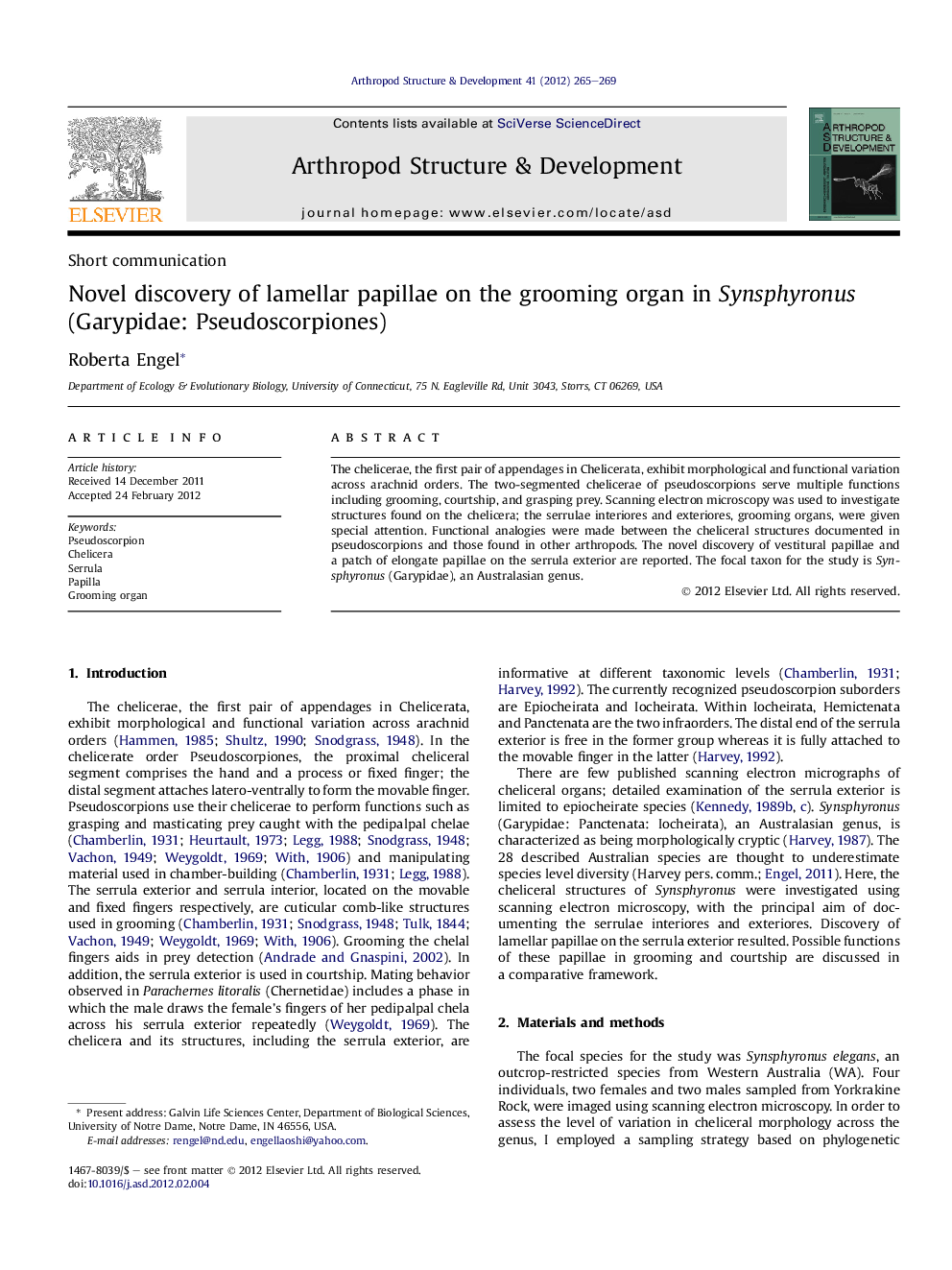 Novel discovery of lamellar papillae on the grooming organ in Synsphyronus (Garypidae: Pseudoscorpiones)