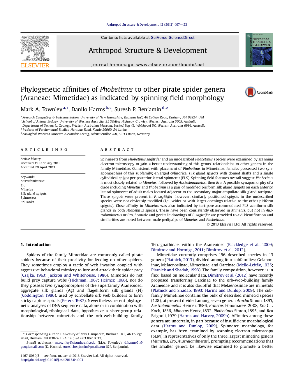 Phylogenetic affinities of Phobetinus to other pirate spider genera (Araneae: Mimetidae) as indicated by spinning field morphology