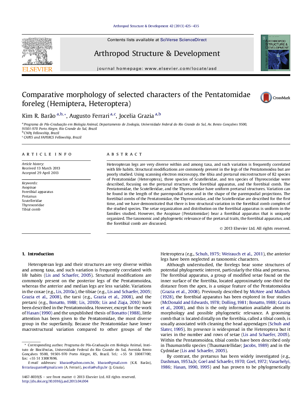 Comparative morphology of selected characters of the Pentatomidae foreleg (Hemiptera, Heteroptera)