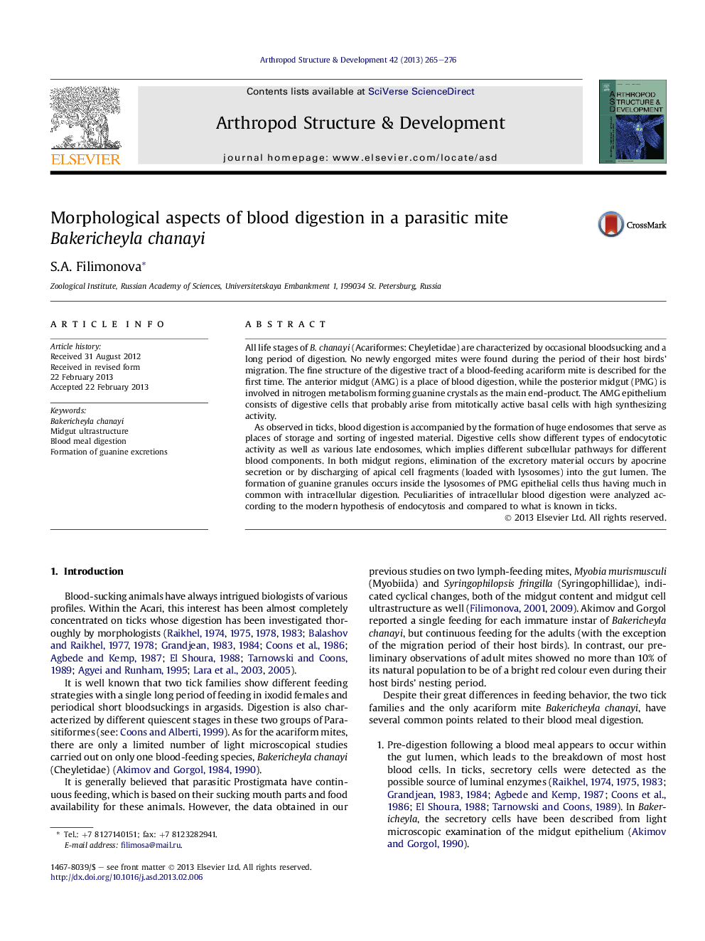 Morphological aspects of blood digestion in a parasitic mite Bakericheyla chanayi