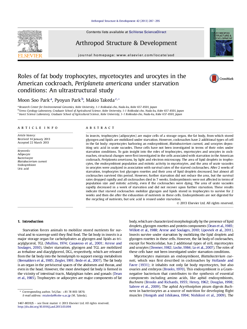 Roles of fat body trophocytes, mycetocytes and urocytes in the American cockroach, Periplaneta americana under starvation conditions: An ultrastructural study