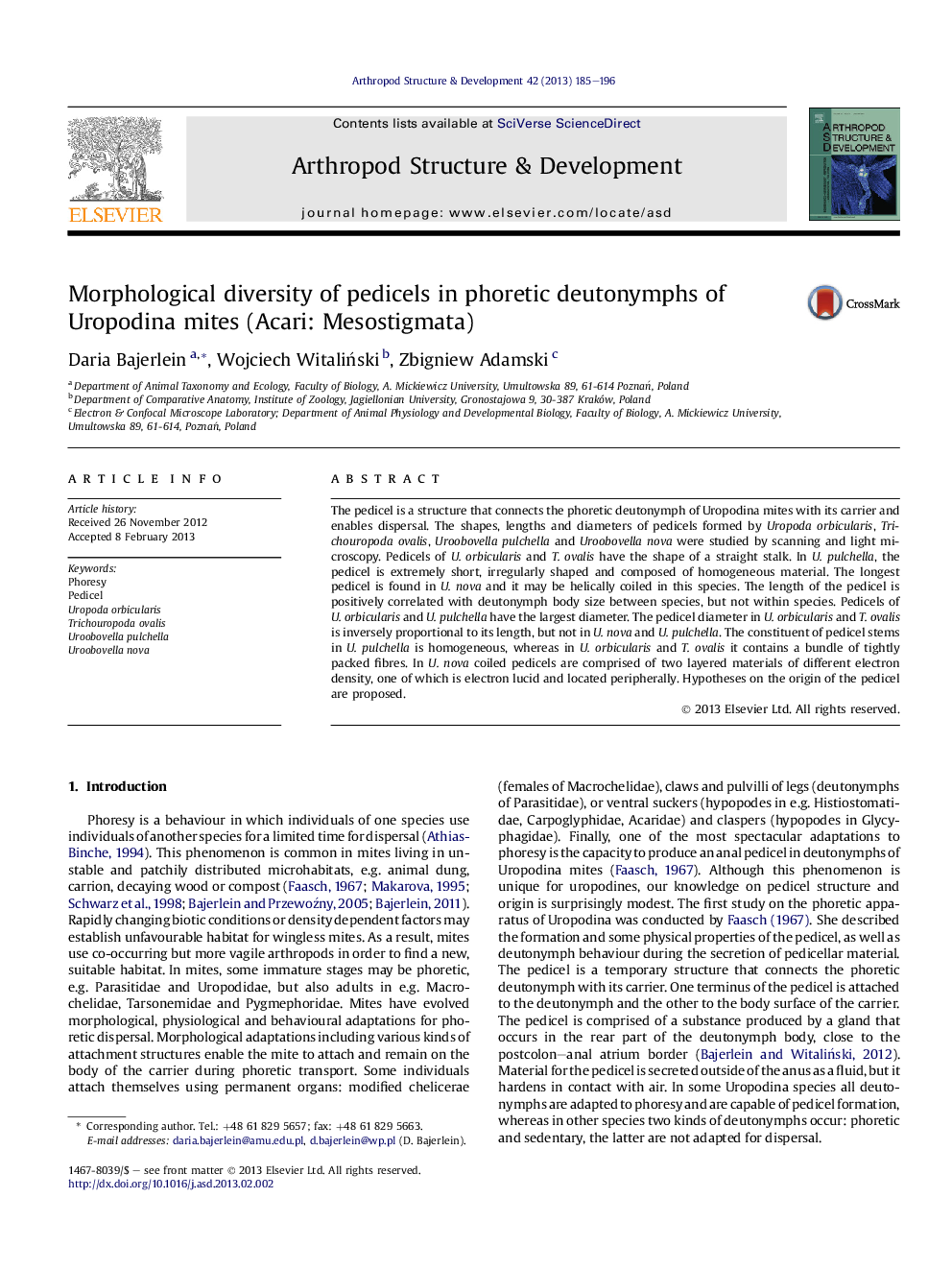 Morphological diversity of pedicels in phoretic deutonymphs of Uropodina mites (Acari: Mesostigmata)