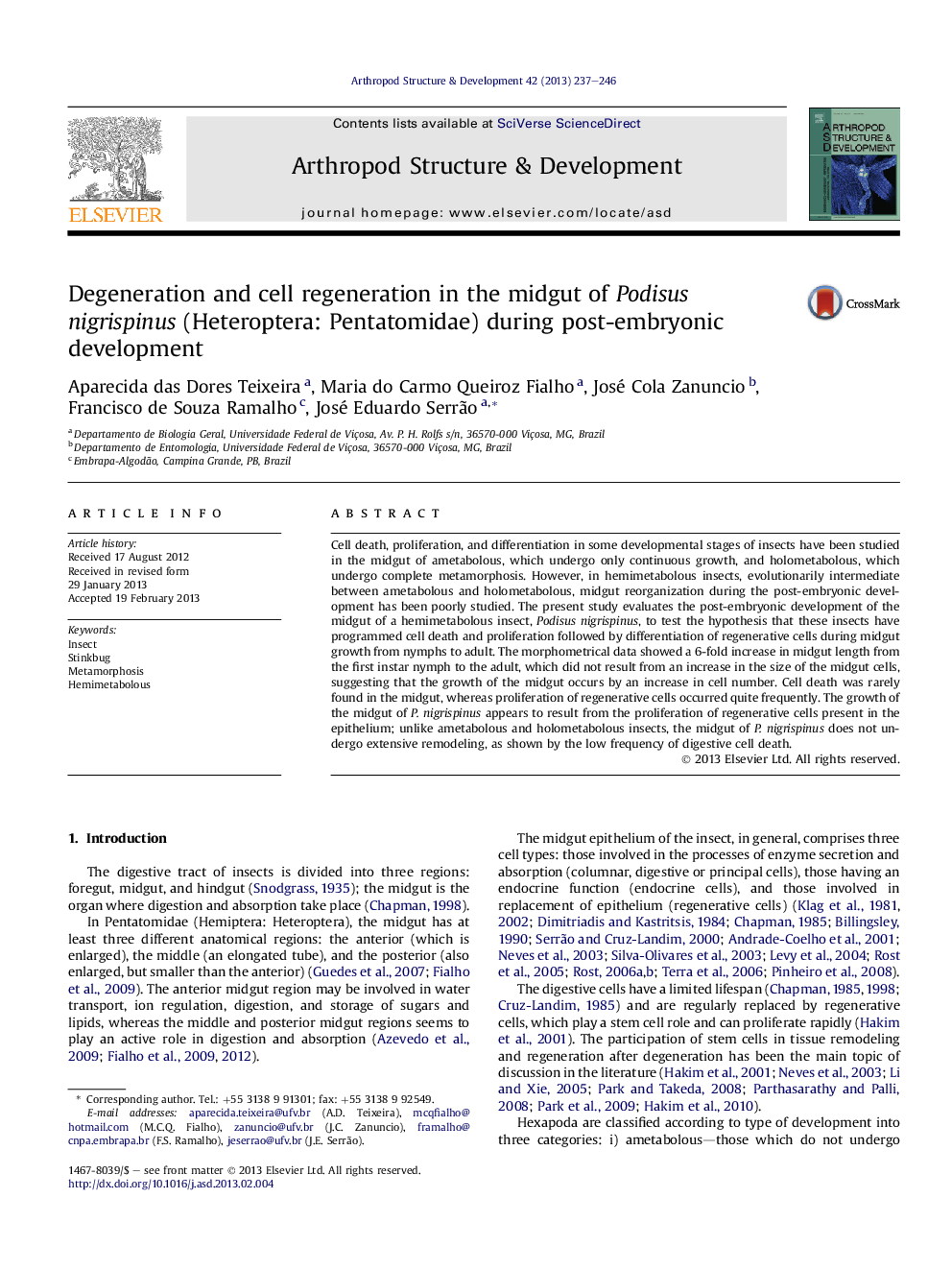 Degeneration and cell regeneration in the midgut of Podisus nigrispinus (Heteroptera: Pentatomidae) during post-embryonic development