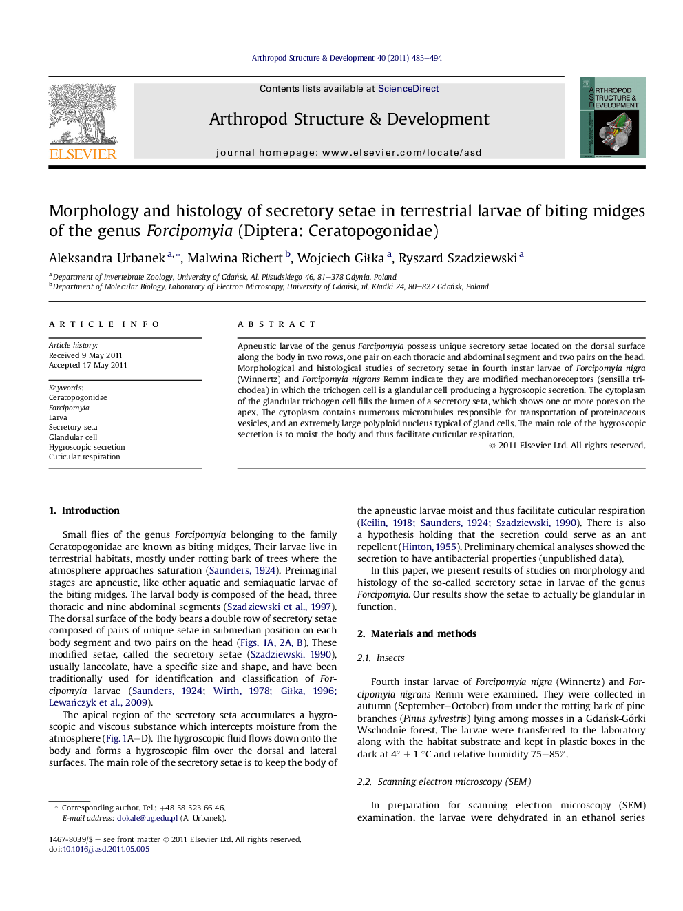 Morphology and histology of secretory setae in terrestrial larvae of biting midges of the genus Forcipomyia (Diptera: Ceratopogonidae)