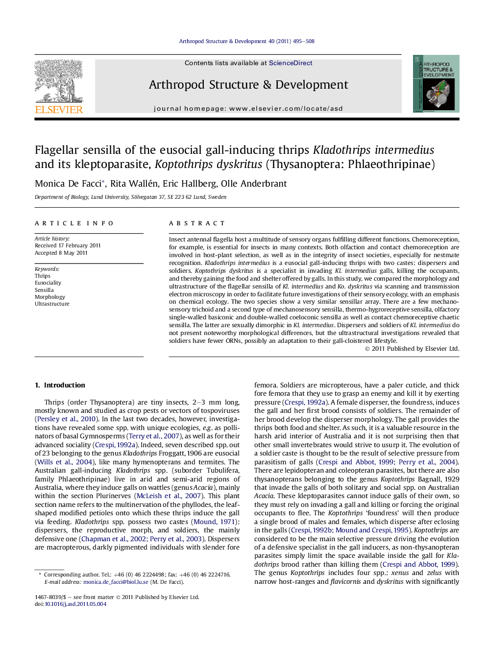 Flagellar sensilla of the eusocial gall-inducing thrips Kladothrips intermedius and its kleptoparasite, Koptothrips dyskritus (Thysanoptera: Phlaeothripinae)