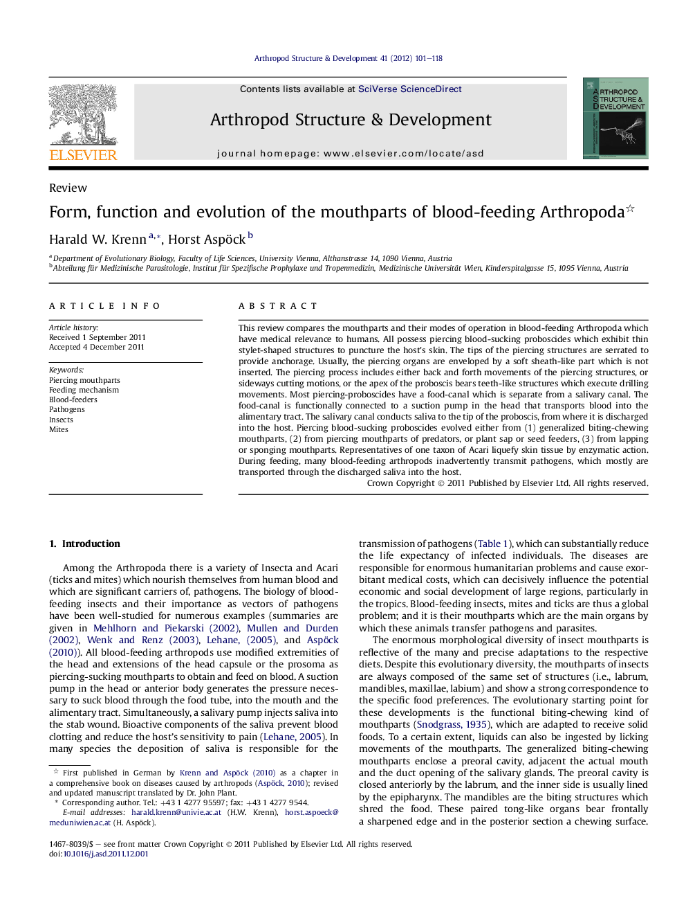 Form, function and evolution of the mouthparts of blood-feeding Arthropoda 