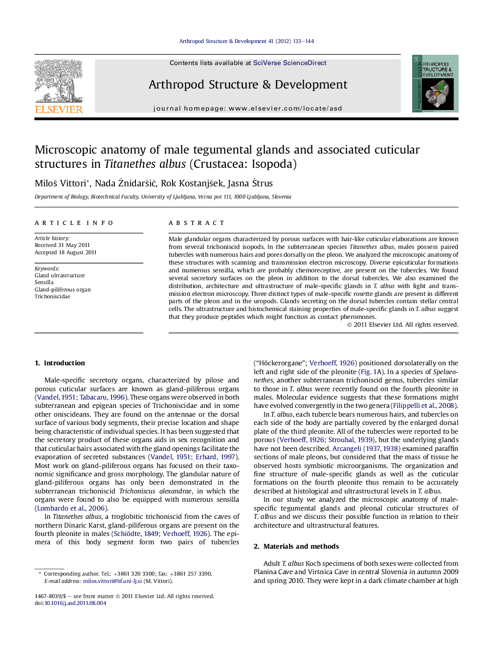 Microscopic anatomy of male tegumental glands and associated cuticular structures in Titanethes albus (Crustacea: Isopoda)