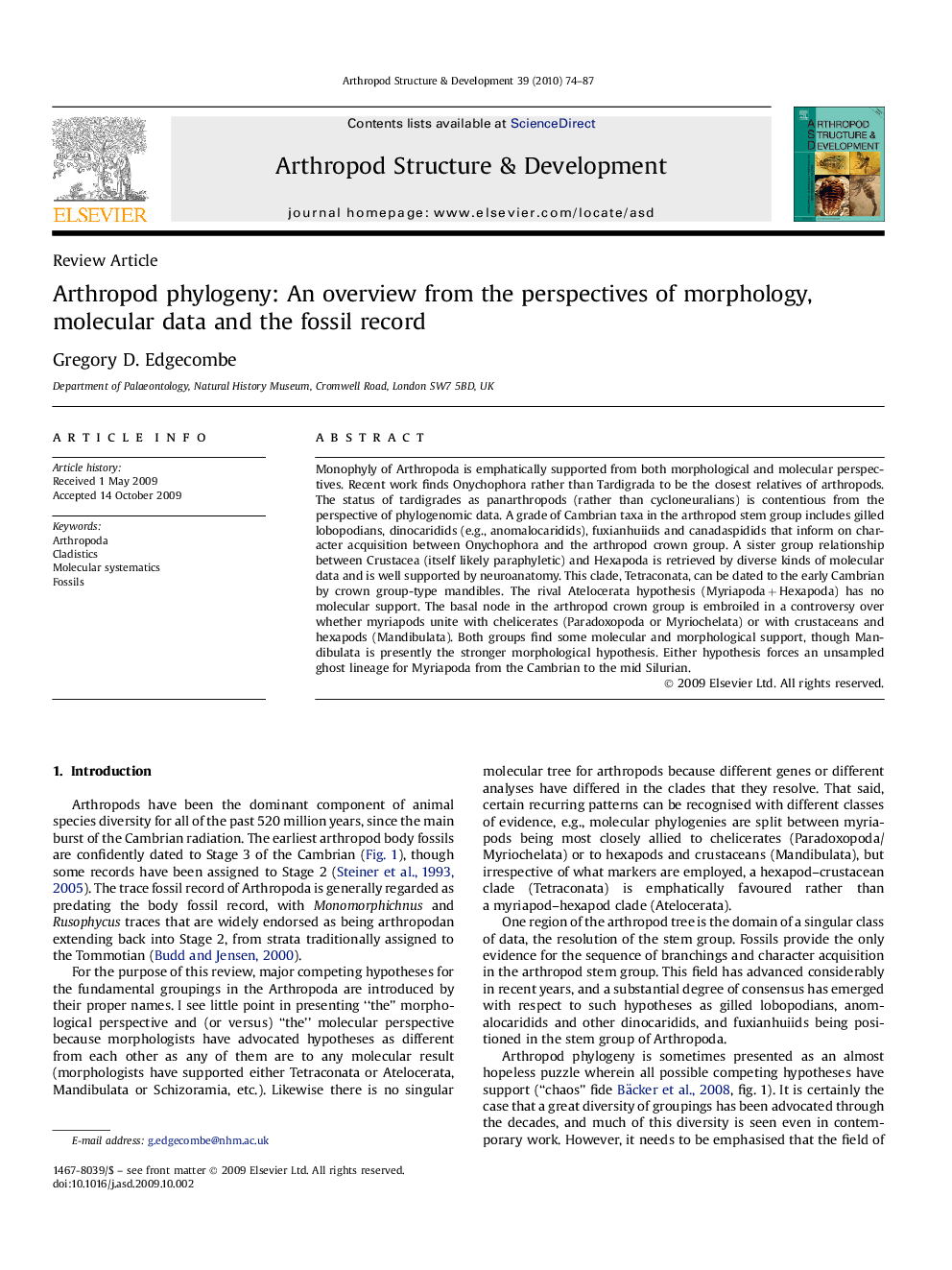 Arthropod phylogeny: An overview from the perspectives of morphology, molecular data and the fossil record