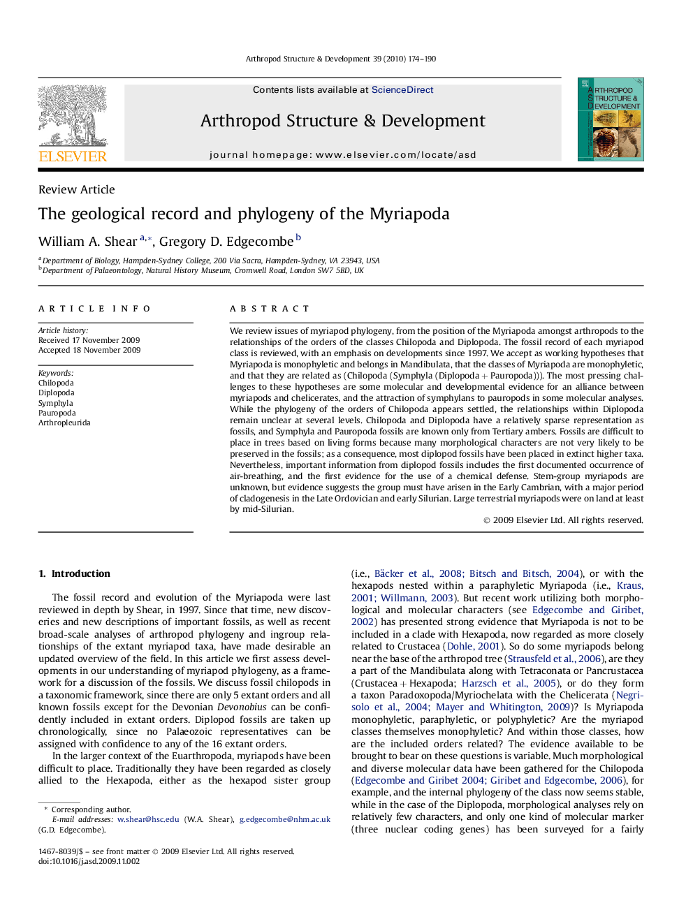 The geological record and phylogeny of the Myriapoda