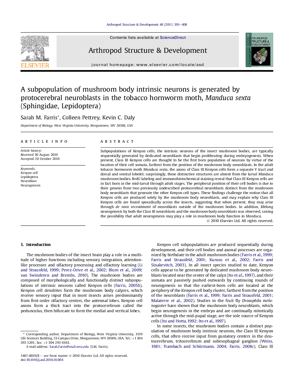 A subpopulation of mushroom body intrinsic neurons is generated by protocerebral neuroblasts in the tobacco hornworm moth, Manduca sexta (Sphingidae, Lepidoptera)