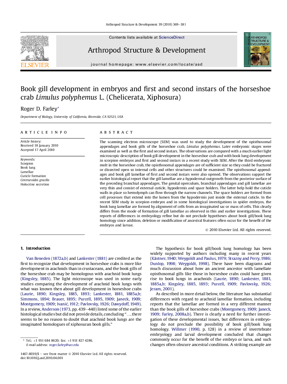 Book gill development in embryos and first and second instars of the horseshoe crab Limulus polyphemus L. (Chelicerata, Xiphosura)