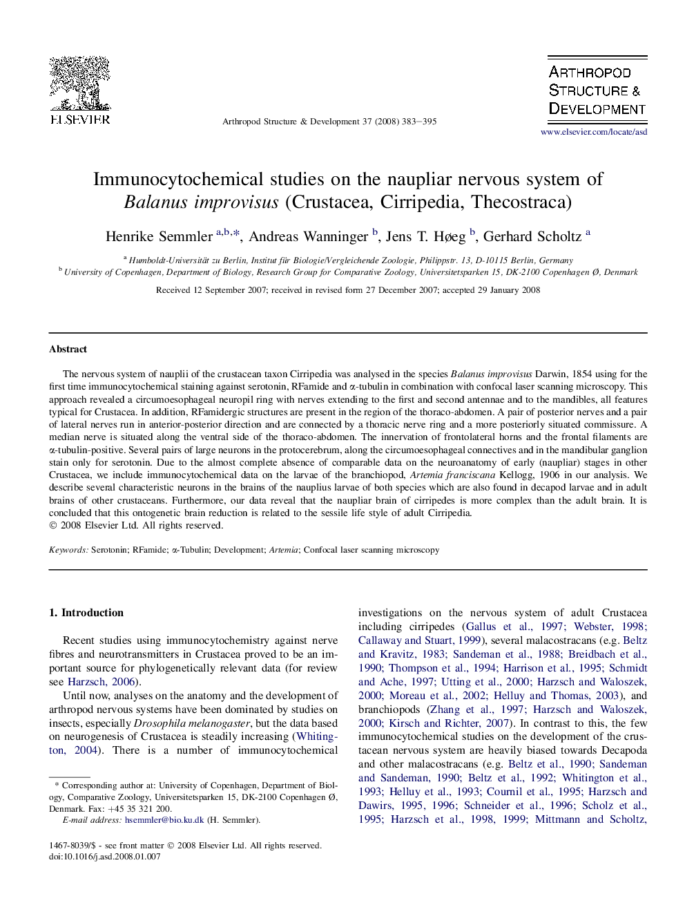 Immunocytochemical studies on the naupliar nervous system of Balanus improvisus (Crustacea, Cirripedia, Thecostraca)