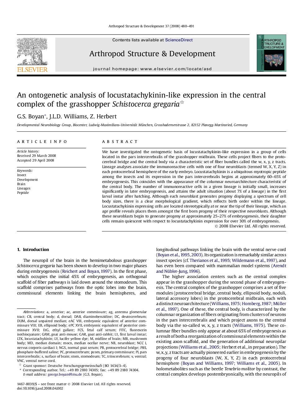 An ontogenetic analysis of locustatachykinin-like expression in the central complex of the grasshopper Schistocerca gregaria 