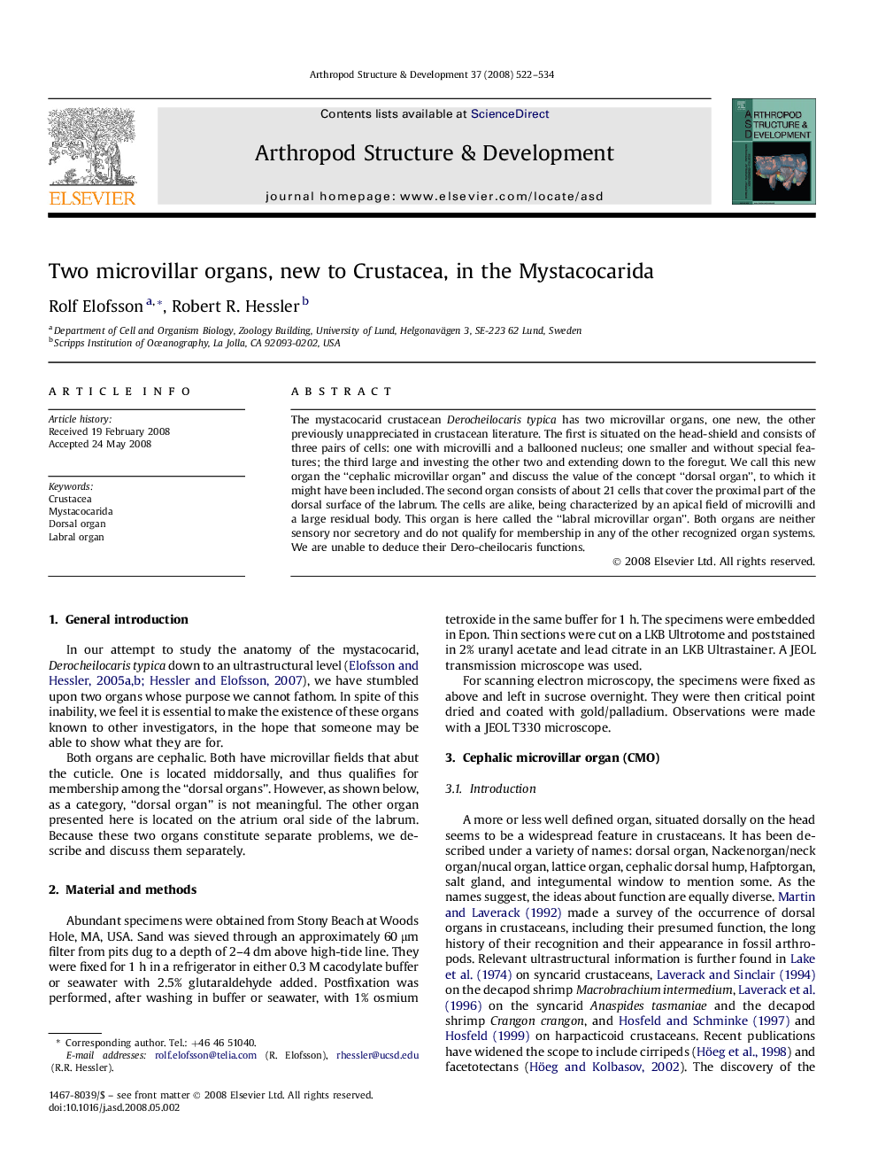 Two microvillar organs, new to Crustacea, in the Mystacocarida