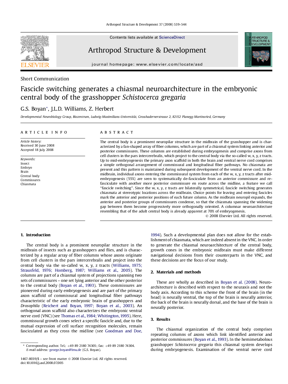 Fascicle switching generates a chiasmal neuroarchitecture in the embryonic central body of the grasshopper Schistocerca gregaria