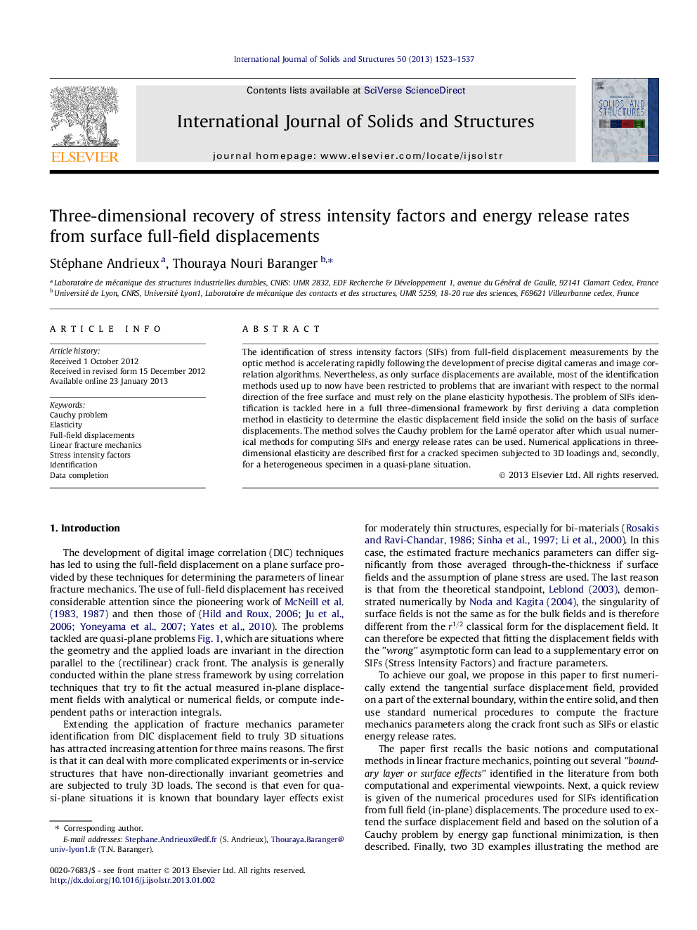 Three-dimensional recovery of stress intensity factors and energy release rates from surface full-field displacements