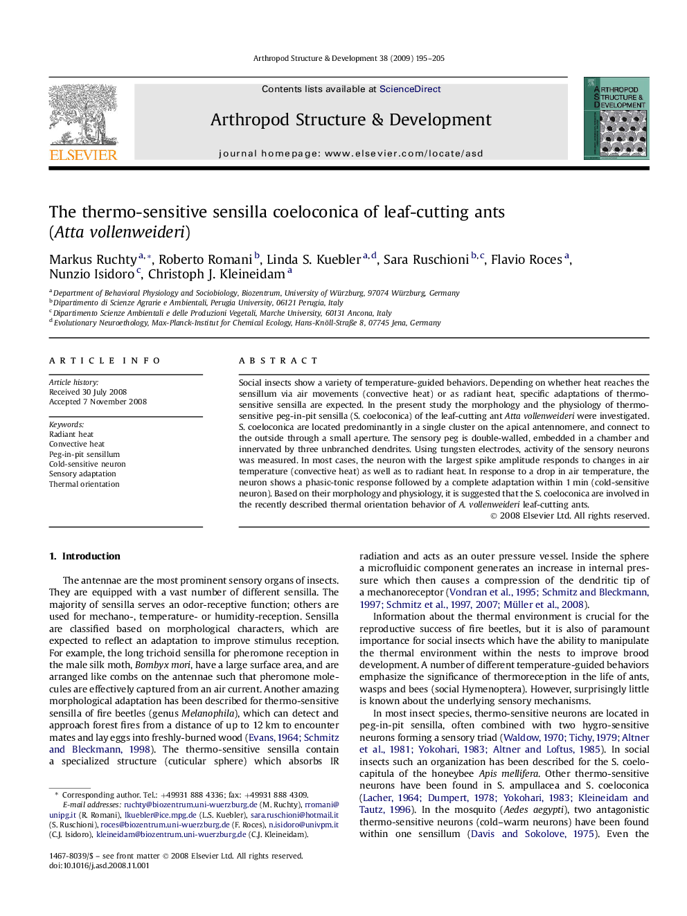 The thermo-sensitive sensilla coeloconica of leaf-cutting ants (Atta vollenweideri)