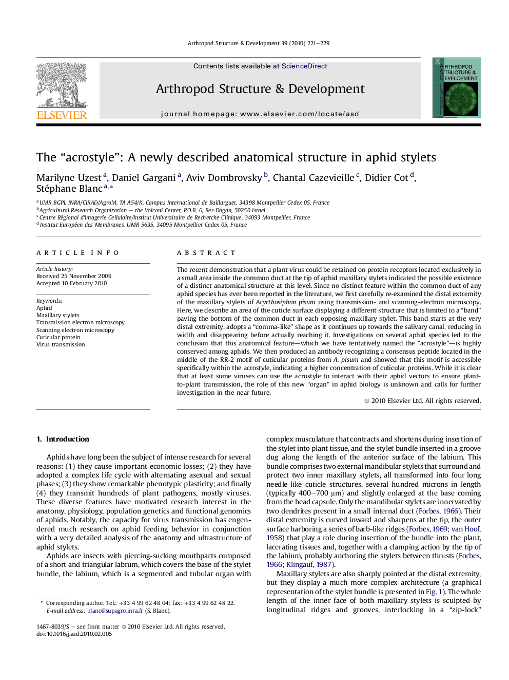 The “acrostyle”: A newly described anatomical structure in aphid stylets