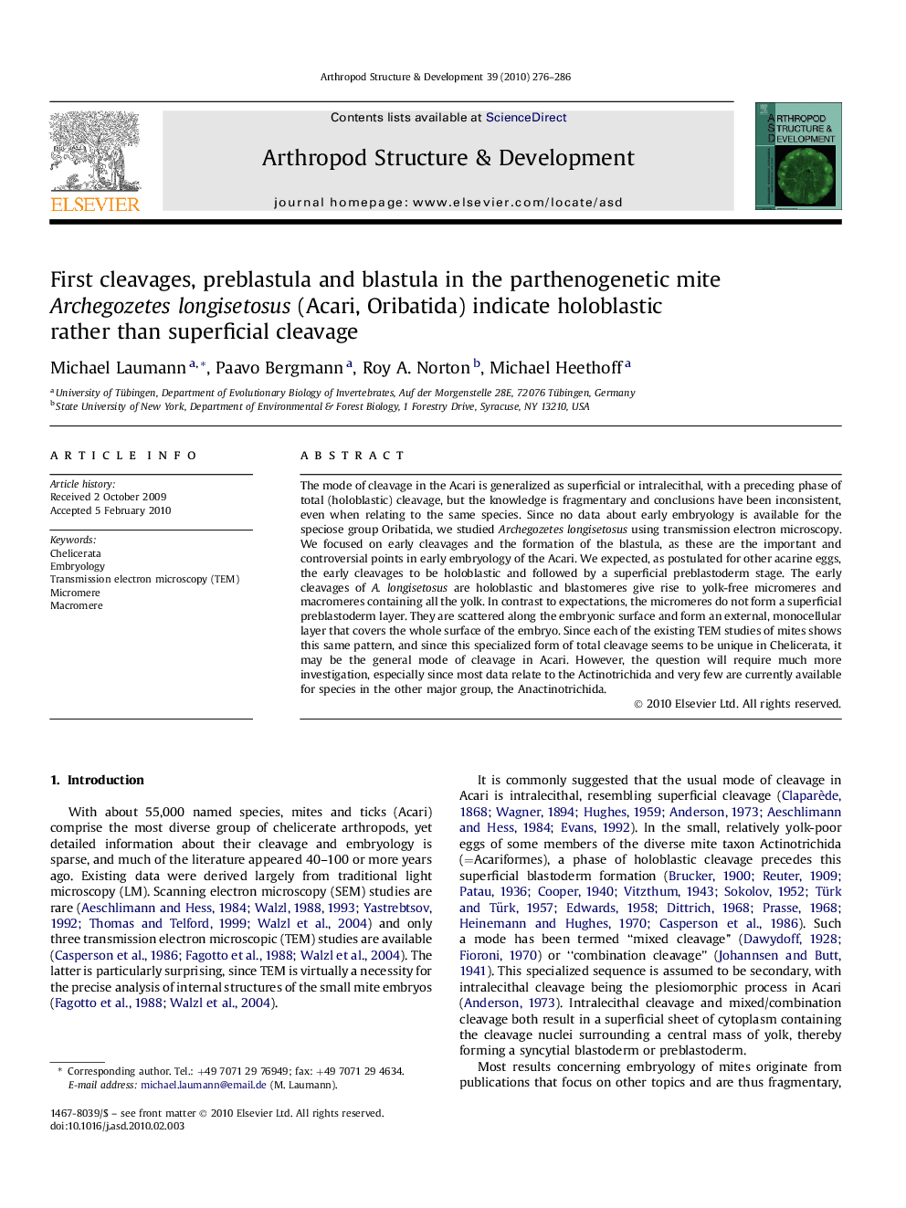 First cleavages, preblastula and blastula in the parthenogenetic mite Archegozetes longisetosus (Acari, Oribatida) indicate holoblastic rather than superficial cleavage