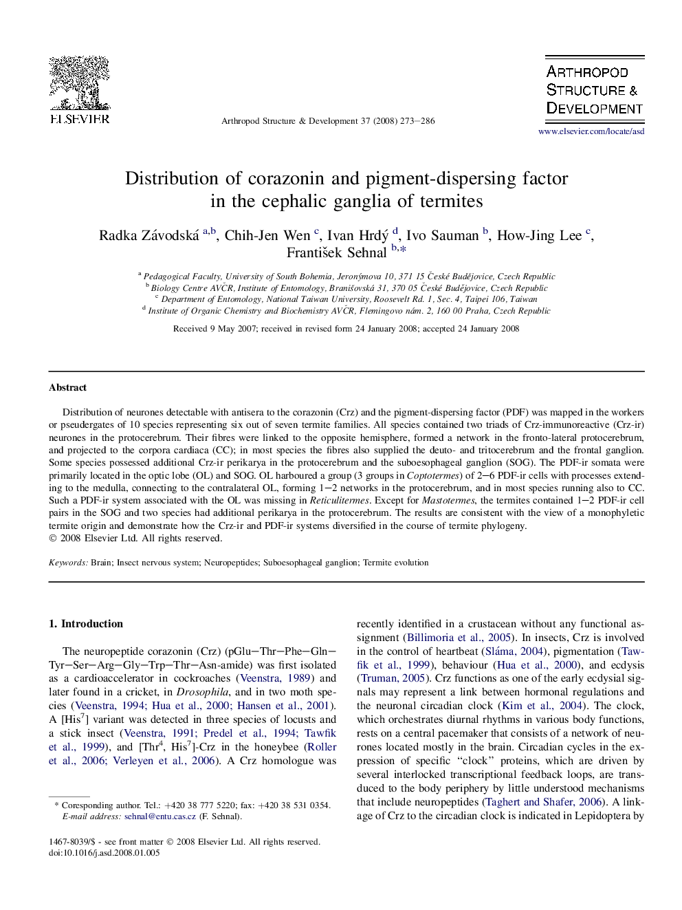 Distribution of corazonin and pigment-dispersing factor in the cephalic ganglia of termites