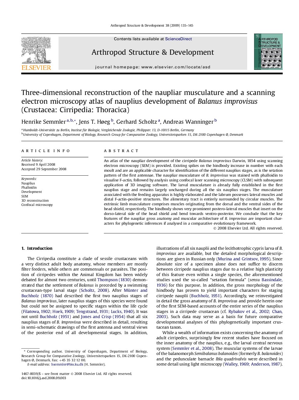 Three-dimensional reconstruction of the naupliar musculature and a scanning electron microscopy atlas of nauplius development of Balanus improvisus (Crustacea: Cirripedia: Thoracica)