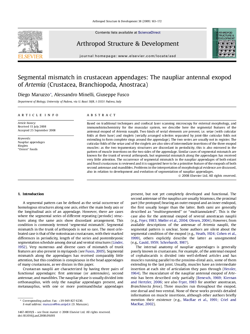 Segmental mismatch in crustacean appendages: The naupliar antennal exopod of Artemia (Crustacea, Branchiopoda, Anostraca)