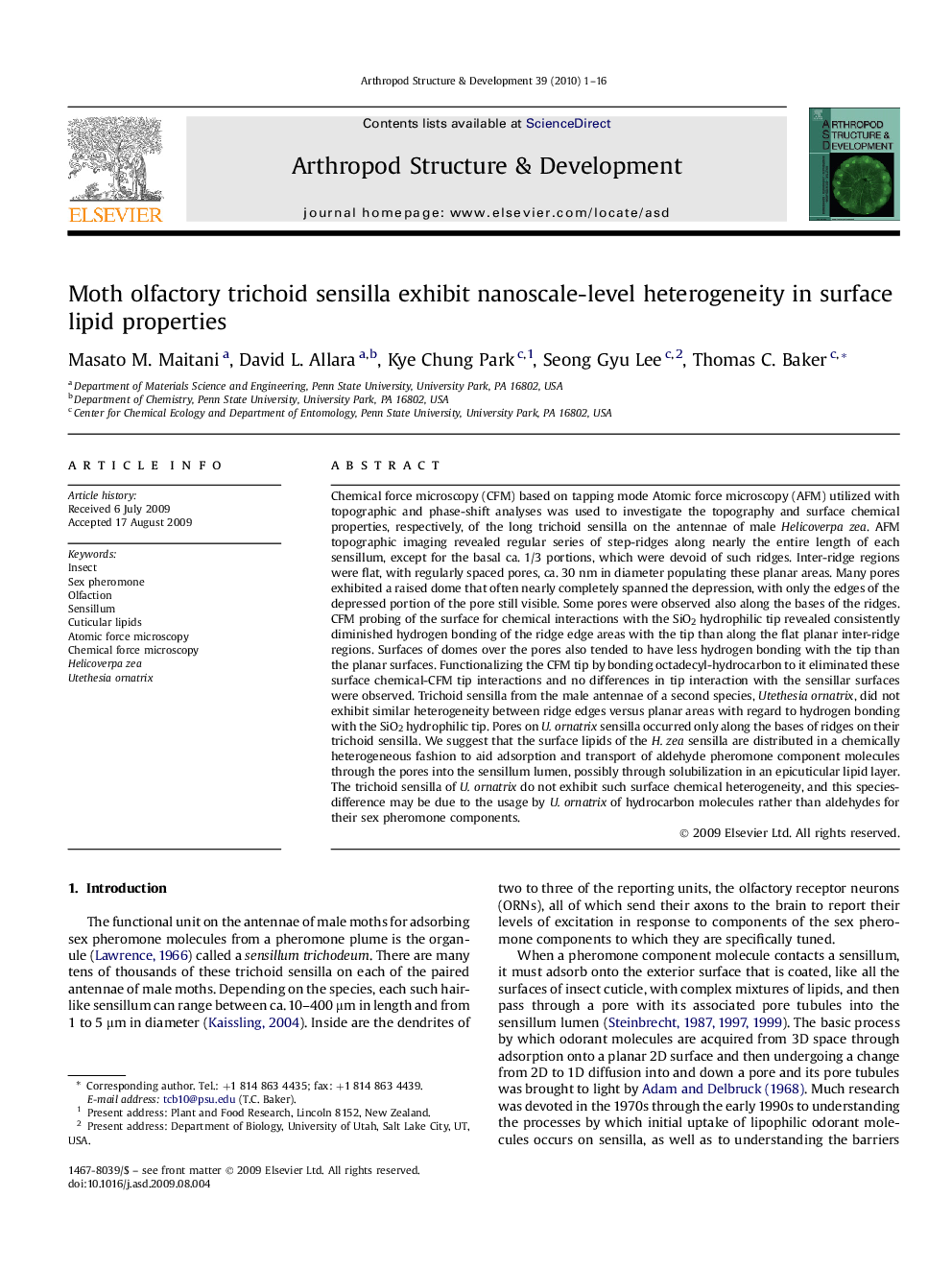 Moth olfactory trichoid sensilla exhibit nanoscale-level heterogeneity in surface lipid properties