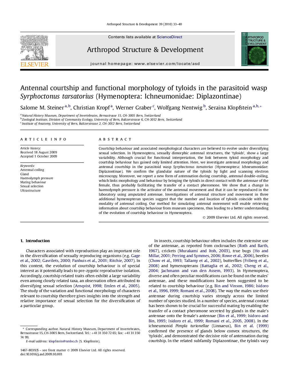 Antennal courtship and functional morphology of tyloids in the parasitoid wasp Syrphoctonus tarsatorius (Hymenoptera: Ichneumonidae: Diplazontinae)