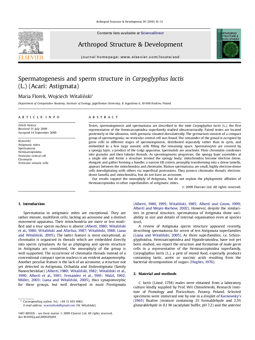 Spermatogenesis and sperm structure in Carpoglyphus lactis (L.) (Acari: Astigmata)