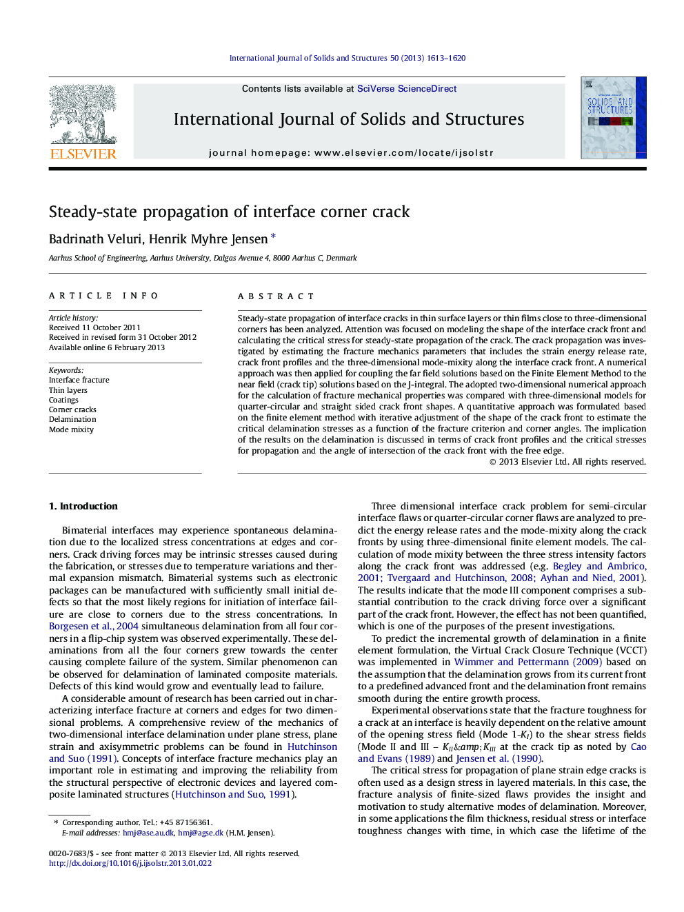 عکس صفحه اول مقاله: Steady-state propagation of interface corner crack Steady-state propagation of interface corner crack