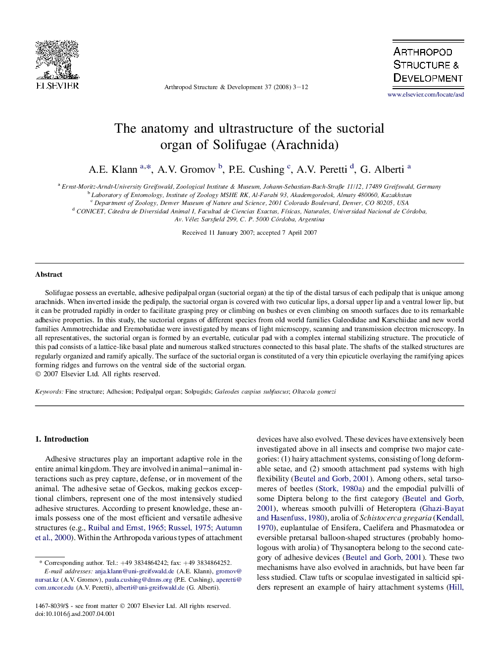 The anatomy and ultrastructure of the suctorial organ of Solifugae (Arachnida)