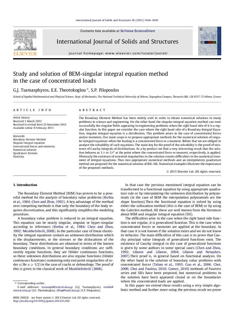 Study and solution of BEM-singular integral equation method in the case of concentrated loads