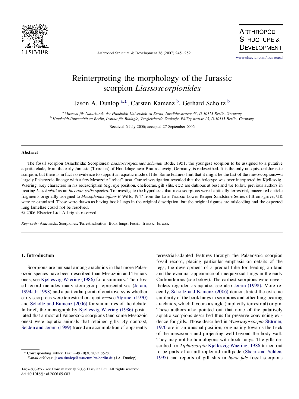 Reinterpreting the morphology of the Jurassic scorpion Liassoscorpionides