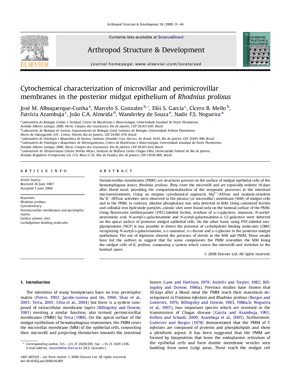 Cytochemical characterization of microvillar and perimicrovillar membranes in the posterior midgut epithelium of Rhodnius prolixus