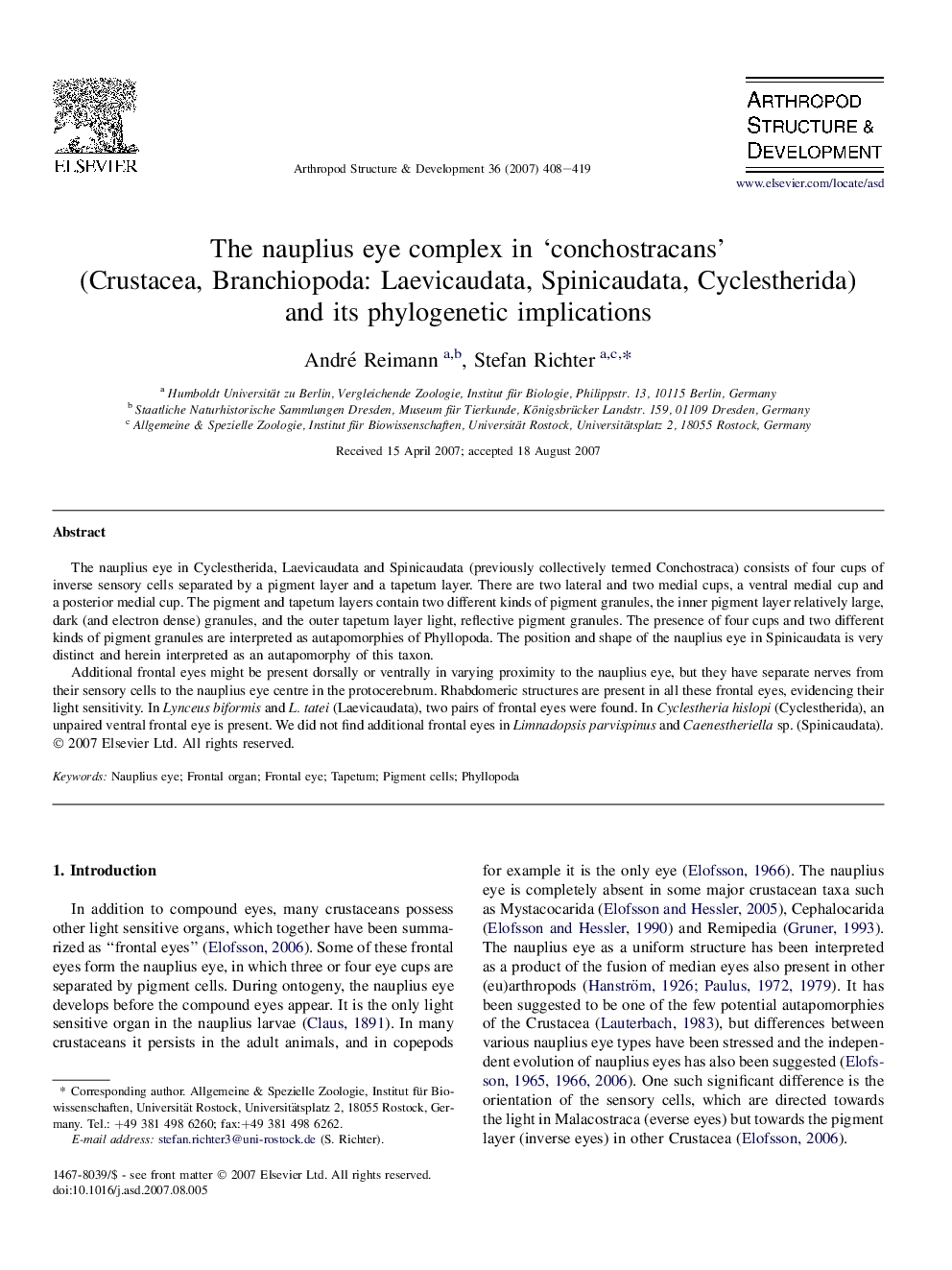 The nauplius eye complex in ‘conchostracans’(Crustacea, Branchiopoda: Laevicaudata, Spinicaudata, Cyclestherida) and its phylogenetic implications