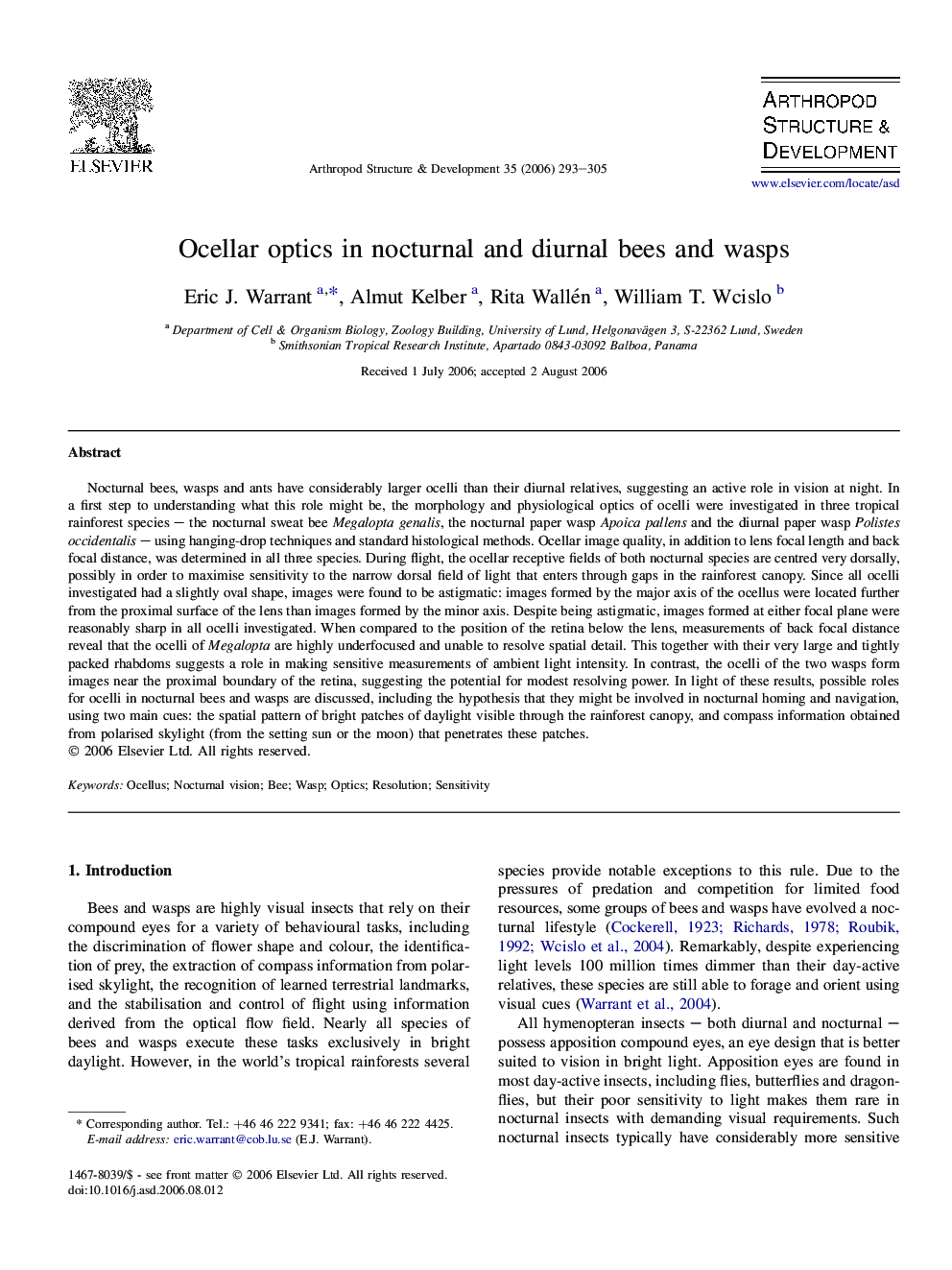 Ocellar optics in nocturnal and diurnal bees and wasps