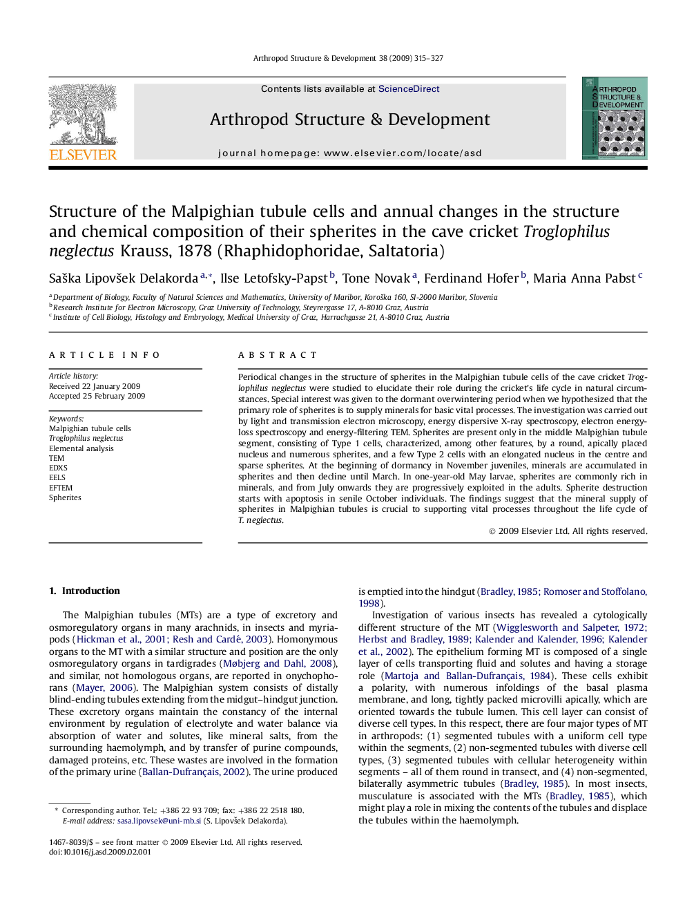 Structure of the Malpighian tubule cells and annual changes in the structure and chemical composition of their spherites in the cave cricket Troglophilus neglectus Krauss, 1878 (Rhaphidophoridae, Saltatoria)