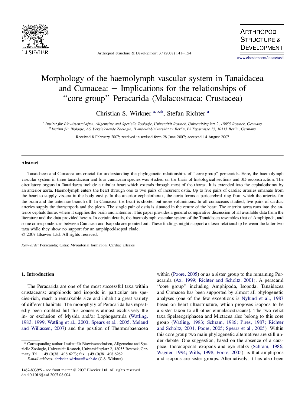 Morphology of the haemolymph vascular system in Tanaidacea and Cumacea: – Implications for the relationships of “core group” Peracarida (Malacostraca; Crustacea)