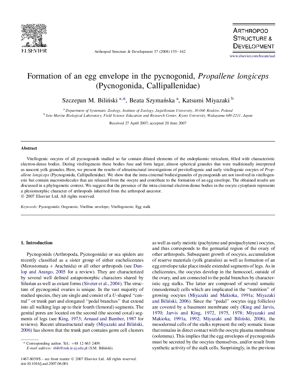 Formation of an egg envelope in the pycnogonid, Propallene longiceps (Pycnogonida, Callipallenidae)