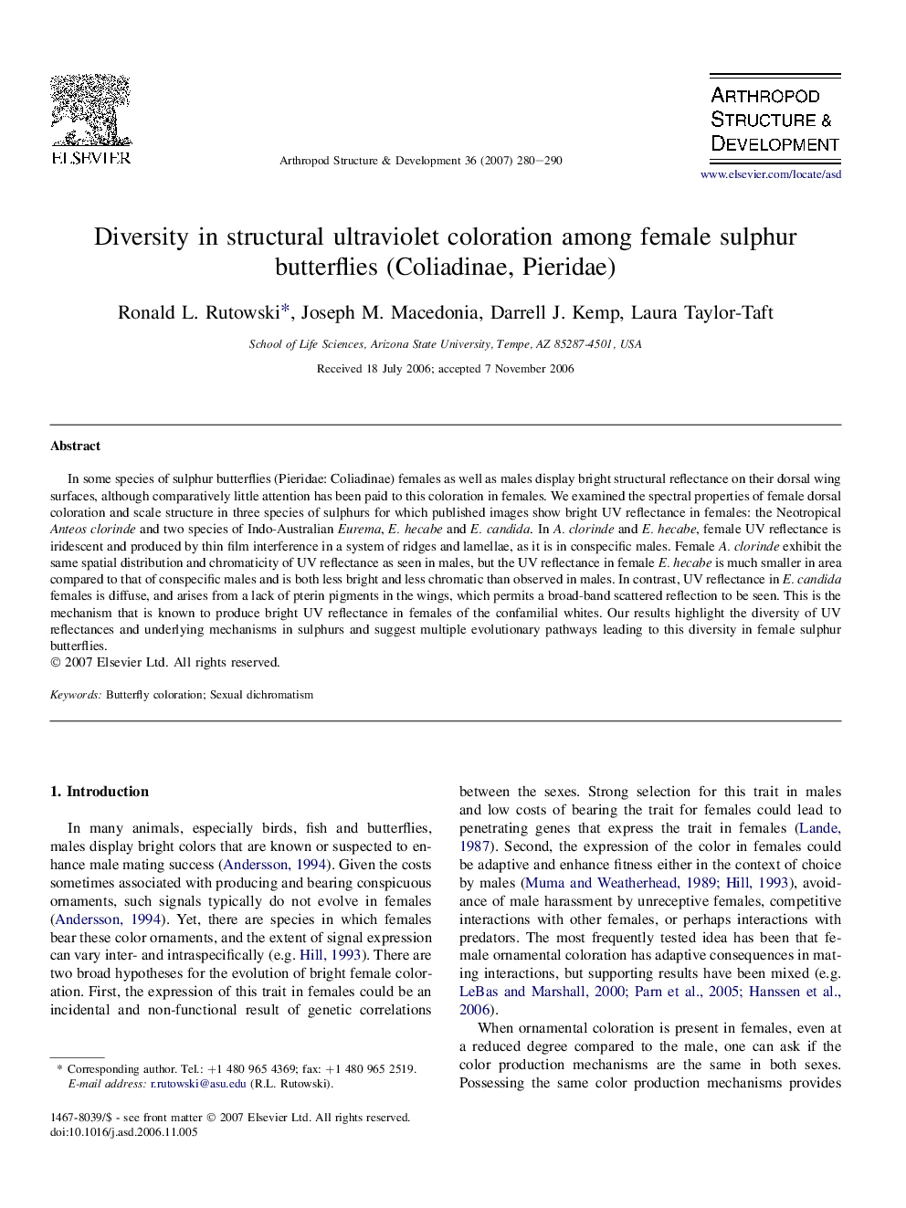 Diversity in structural ultraviolet coloration among female sulphur butterflies (Coliadinae, Pieridae)