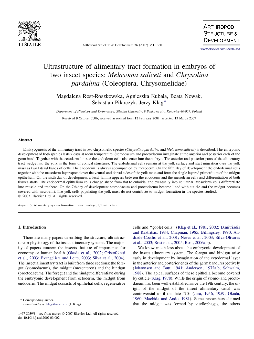 Ultrastructure of alimentary tract formation in embryos of two insect species: Melasoma saliceti and Chrysolina pardalina (Coleoptera, Chrysomelidae)