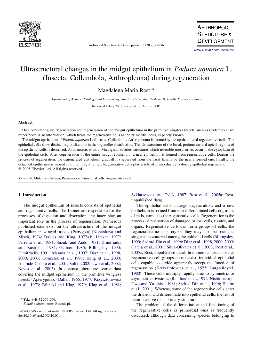 Ultrastructural changes in the midgut epithelium in Podura aquatica L. (Insecta, Collembola, Arthropleona) during regeneration