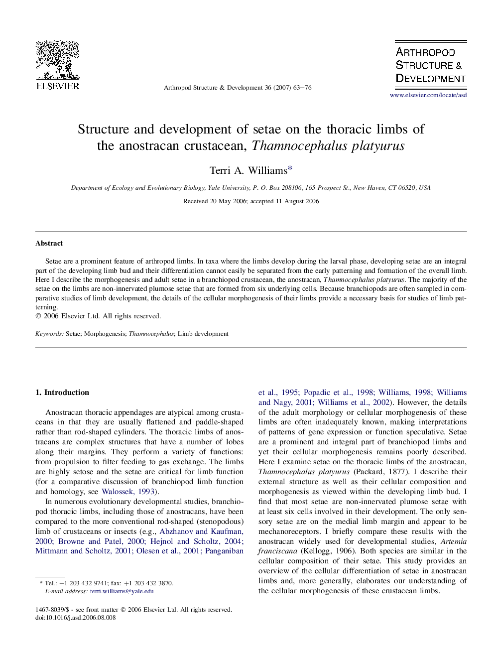 Structure and development of setae on the thoracic limbs of the anostracan crustacean, Thamnocephalus platyurus