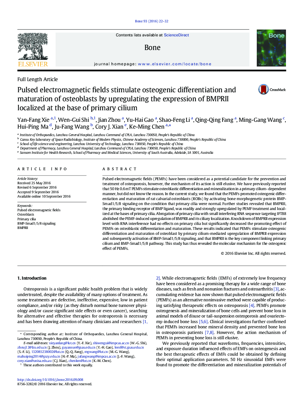 Pulsed electromagnetic fields stimulate osteogenic differentiation and maturation of osteoblasts by upregulating the expression of BMPRII localized at the base of primary cilium