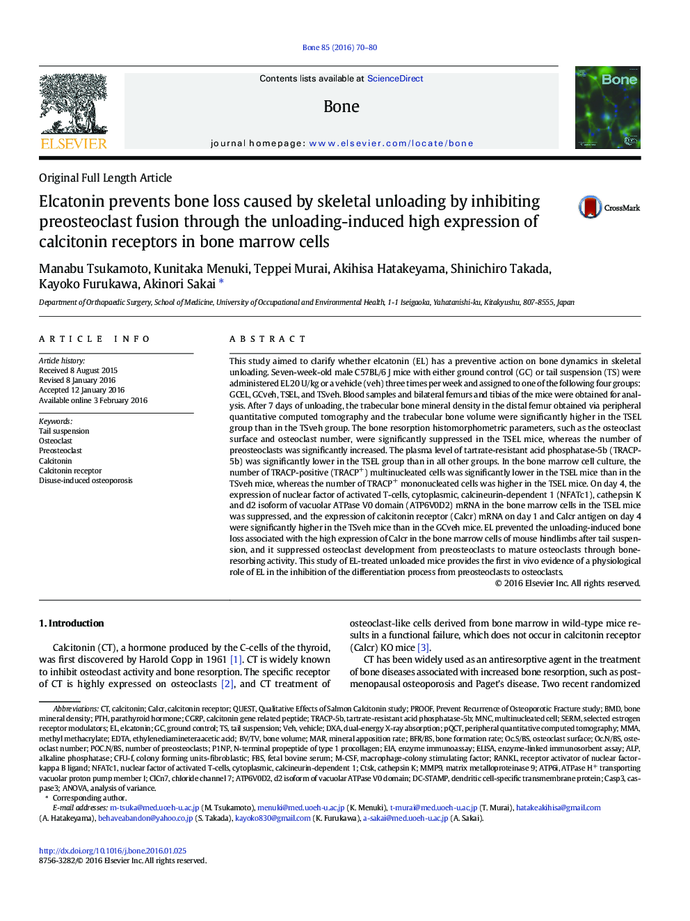عکس صفحه اول مقاله: Elcatonin prevents bone loss caused by skeletal unloading by inhibiting preosteoclast fusion through the unloading-induced high expression of calcitonin receptors in bone marrow cells Elcatonin prevents bone loss caused by skeletal unloading by inhibiting preosteoclast fusion through the unloading-induced high expression of calcitonin receptors in bone marrow cells