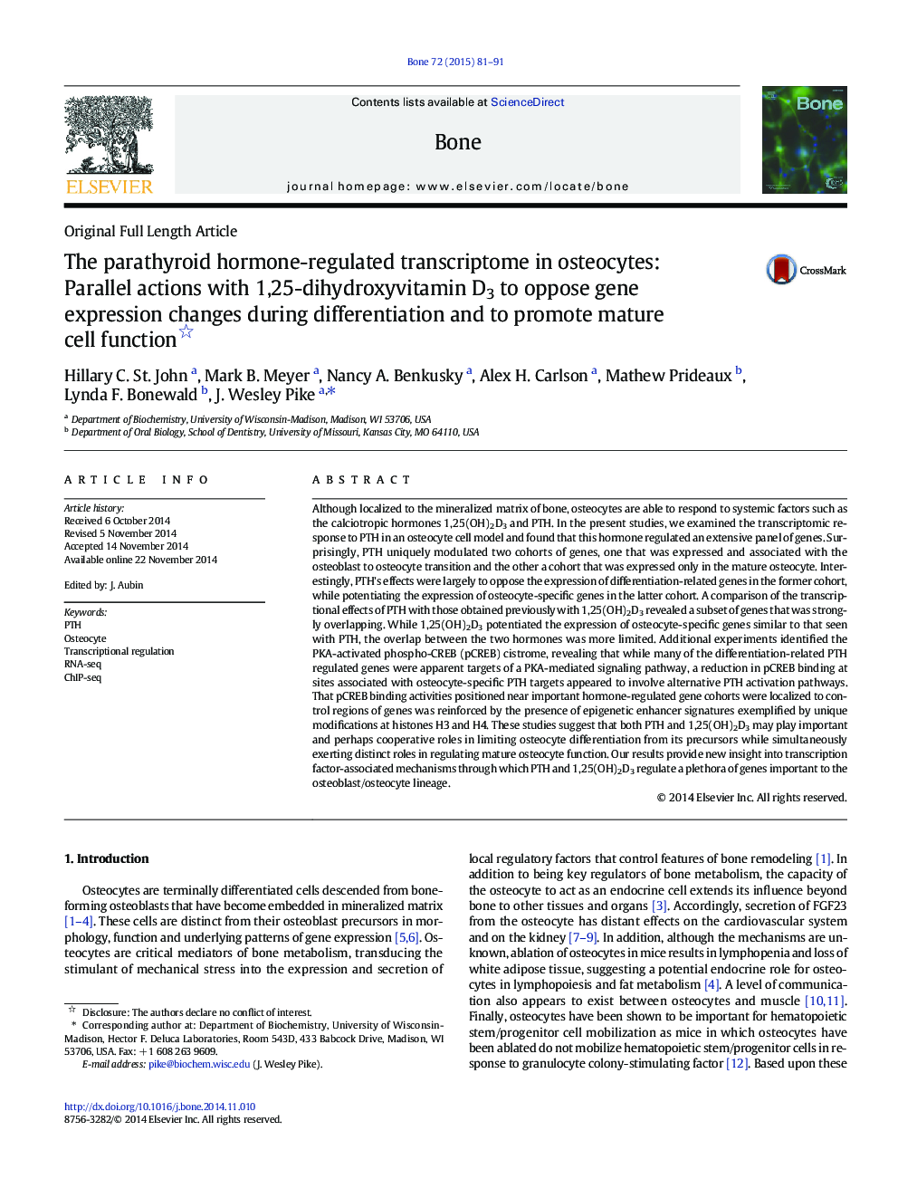 The parathyroid hormone-regulated transcriptome in osteocytes: Parallel actions with 1,25-dihydroxyvitamin D3 to oppose gene expression changes during differentiation and to promote mature cell function 