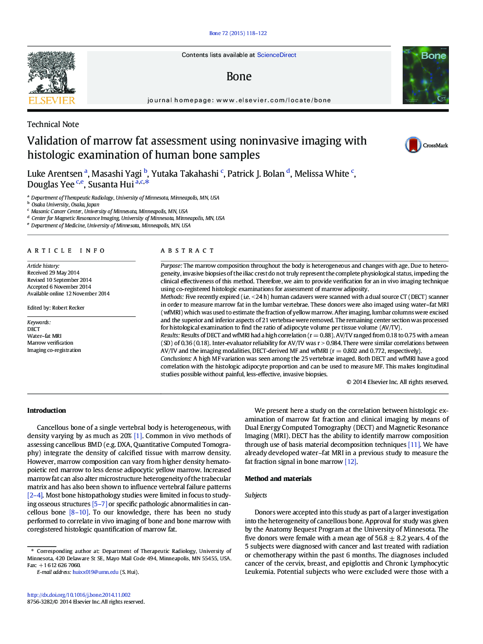 Validation of marrow fat assessment using noninvasive imaging with histologic examination of human bone samples